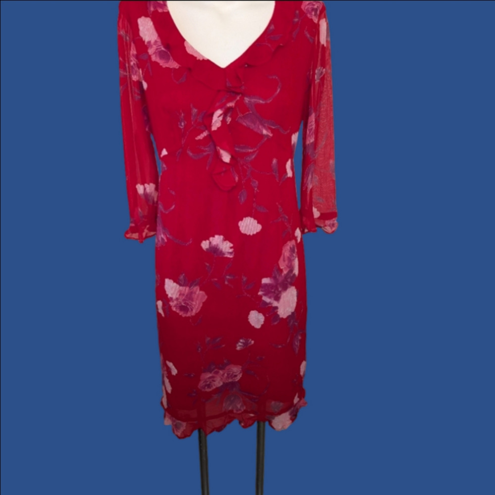 Vintage Dress Red and Pink Floral Long Sleeve Dress Midi Size 12